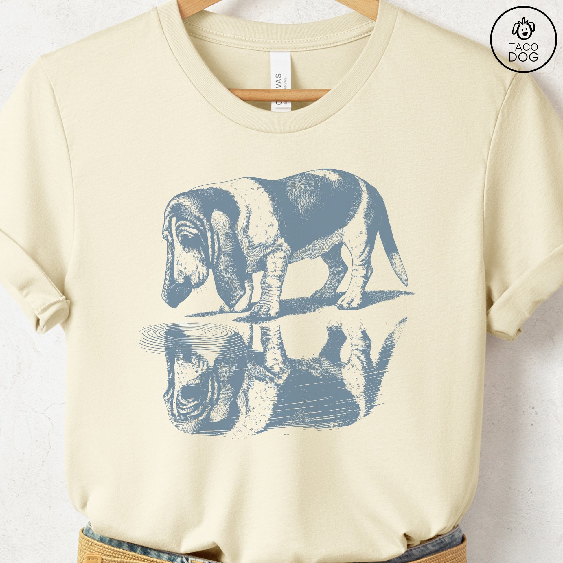 Basset Hound Puddle Reflection T-Shirt Natural Taco-Dog