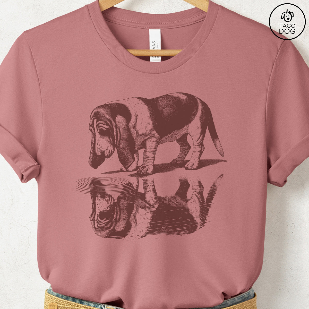 Basset Hound Puddle Reflection T-Shirt, design close-up