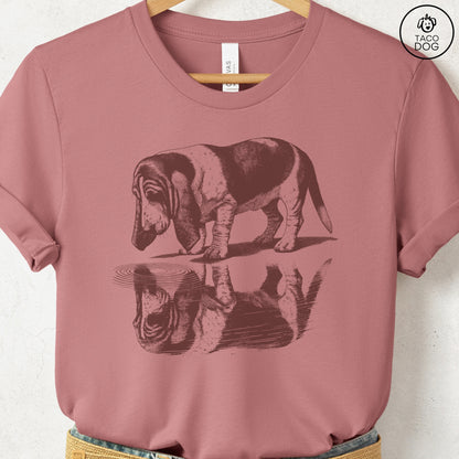 Basset Hound Puddle Reflection T-Shirt Heather Mauve Taco-Dog