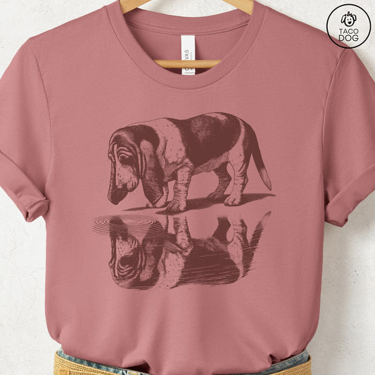 Basset Hound Puddle Reflection T-Shirt Heather Mauve Taco-Dog