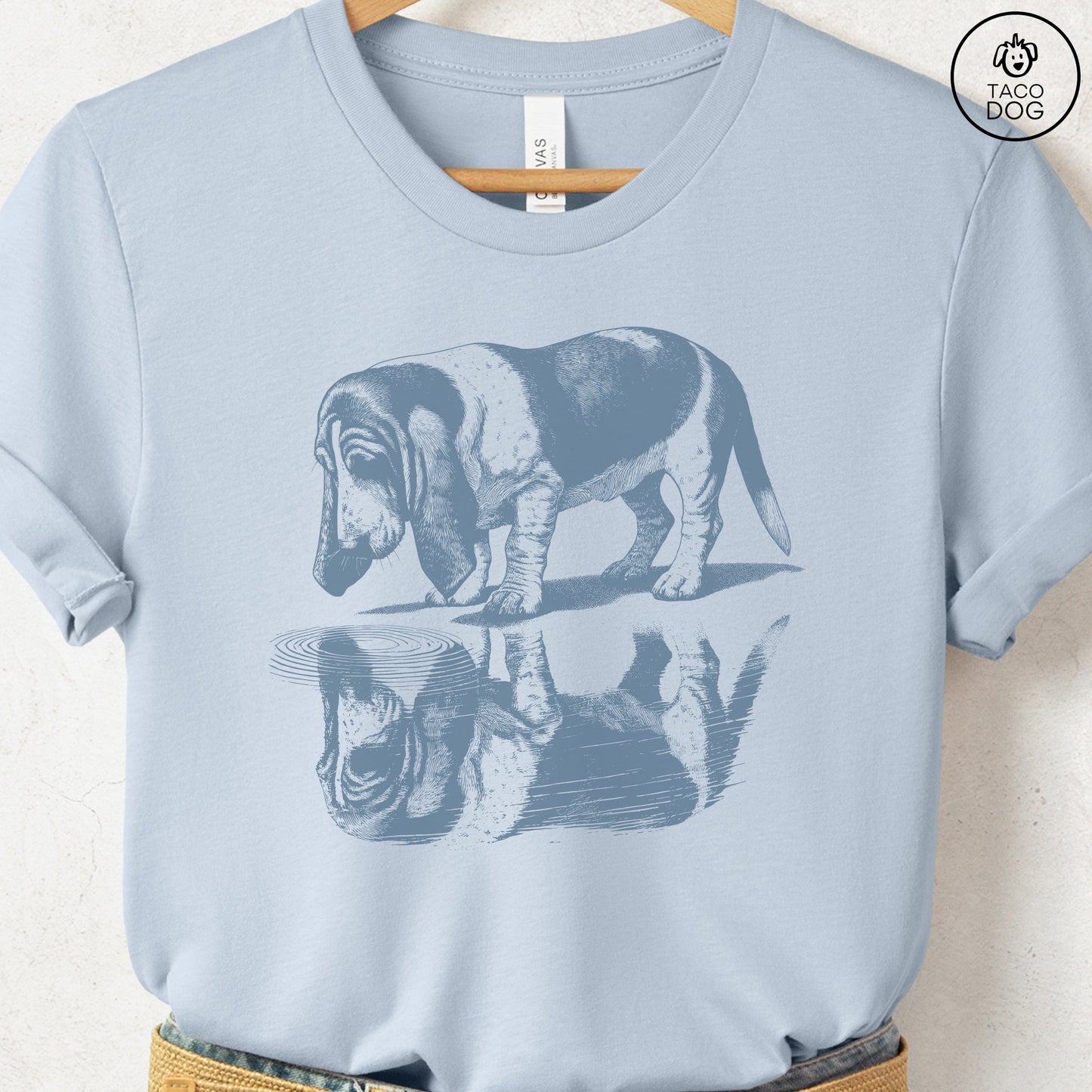 Basset Hound Puddle Reflection T-Shirt Light Blue Taco-Dog