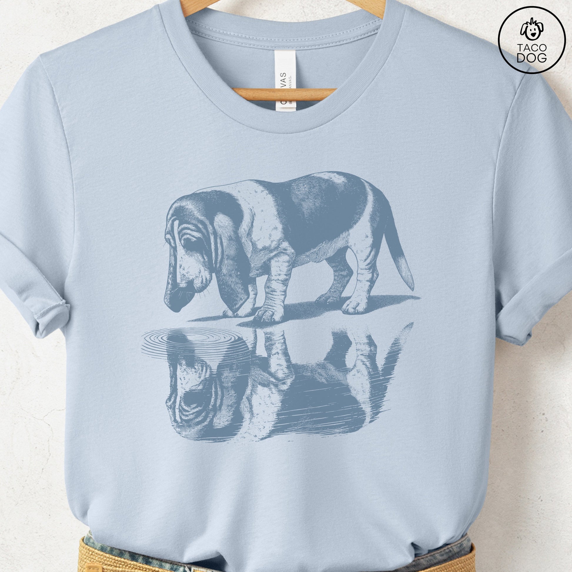 Basset Hound Puddle Reflection T-Shirt Light Blue Taco-Dog