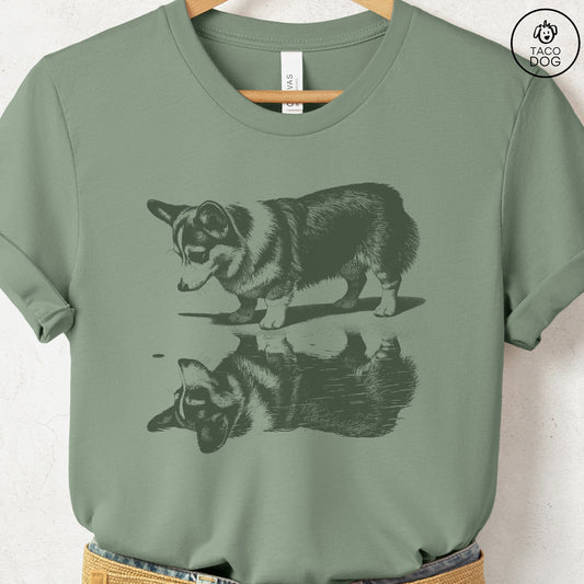Corgi Puddle Reflection T-Shirt Sage Taco-Dog