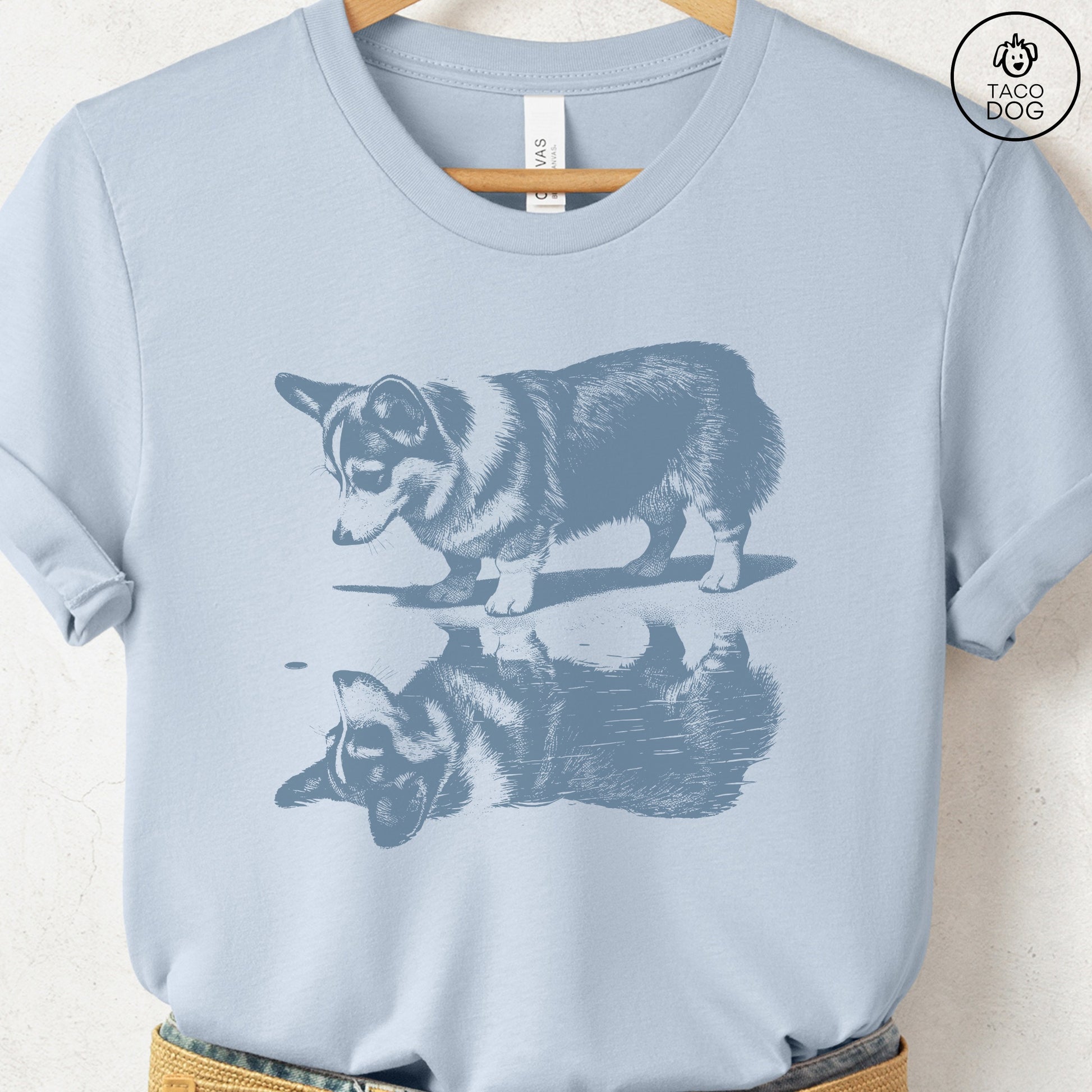 Corgi Puddle Reflection T-Shirt Light Blue