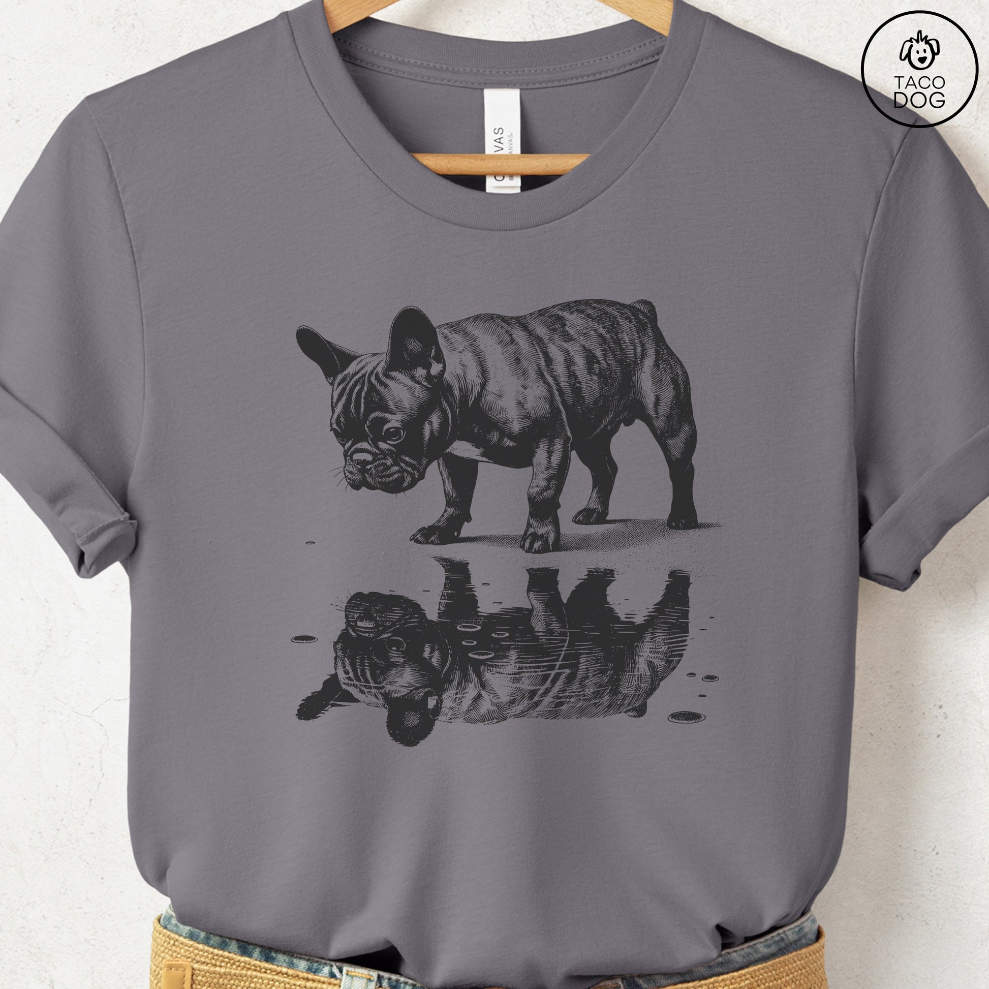 French Bulldog Frenchie Puddle Reflection T-Shirt Storm Taco-Dog
