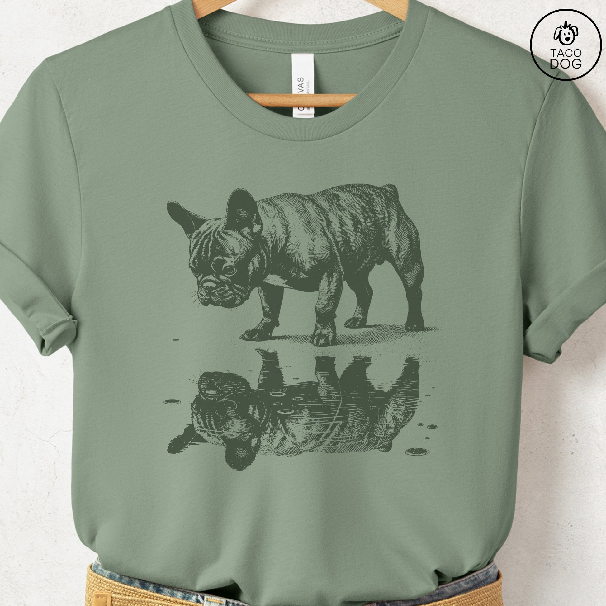 French Bulldog Frenchie Puddle Reflection T-Shirt Sage Taco-Dog