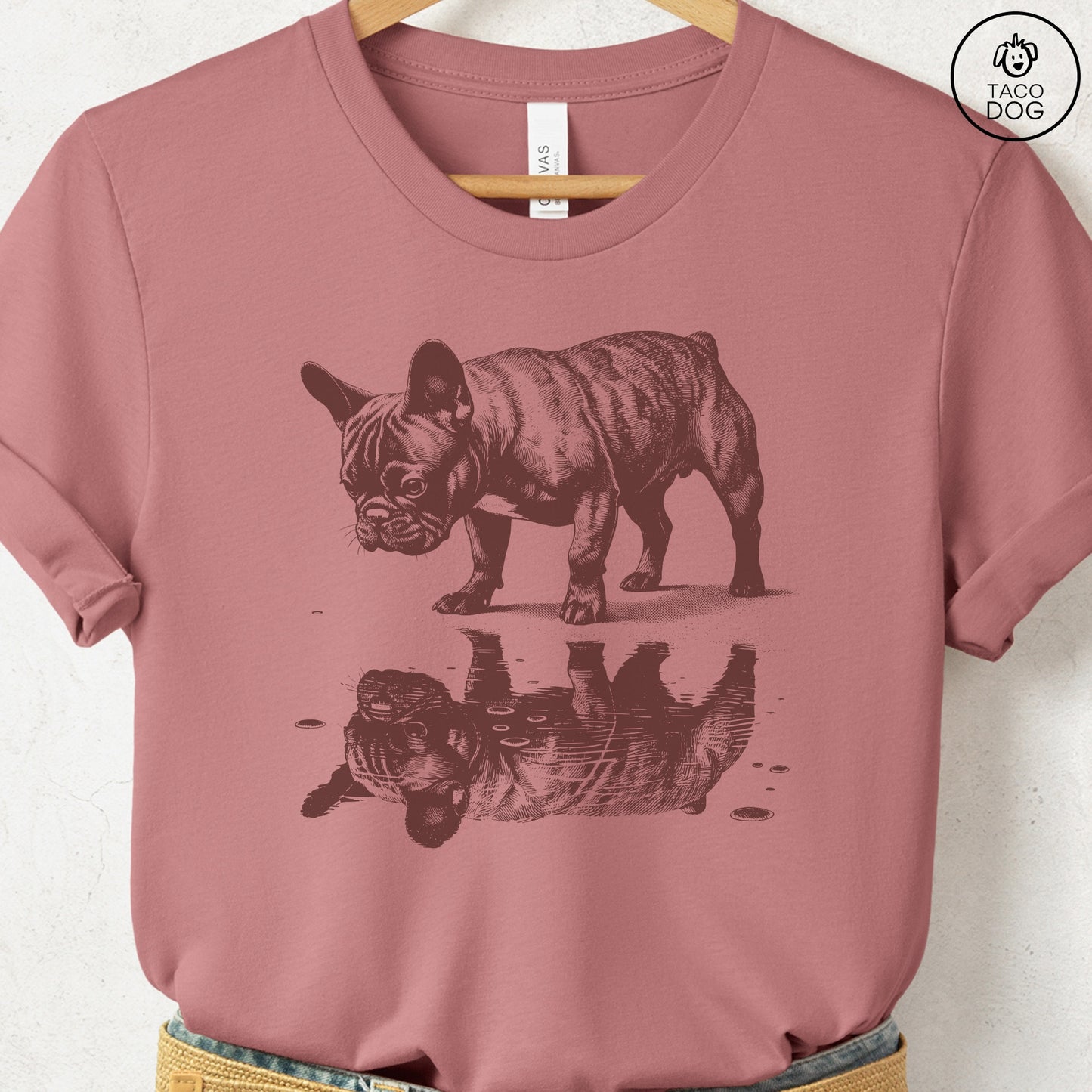 French Bulldog Frenchie Puddle Reflection T-Shirt Heather Mauve Taco-Dog