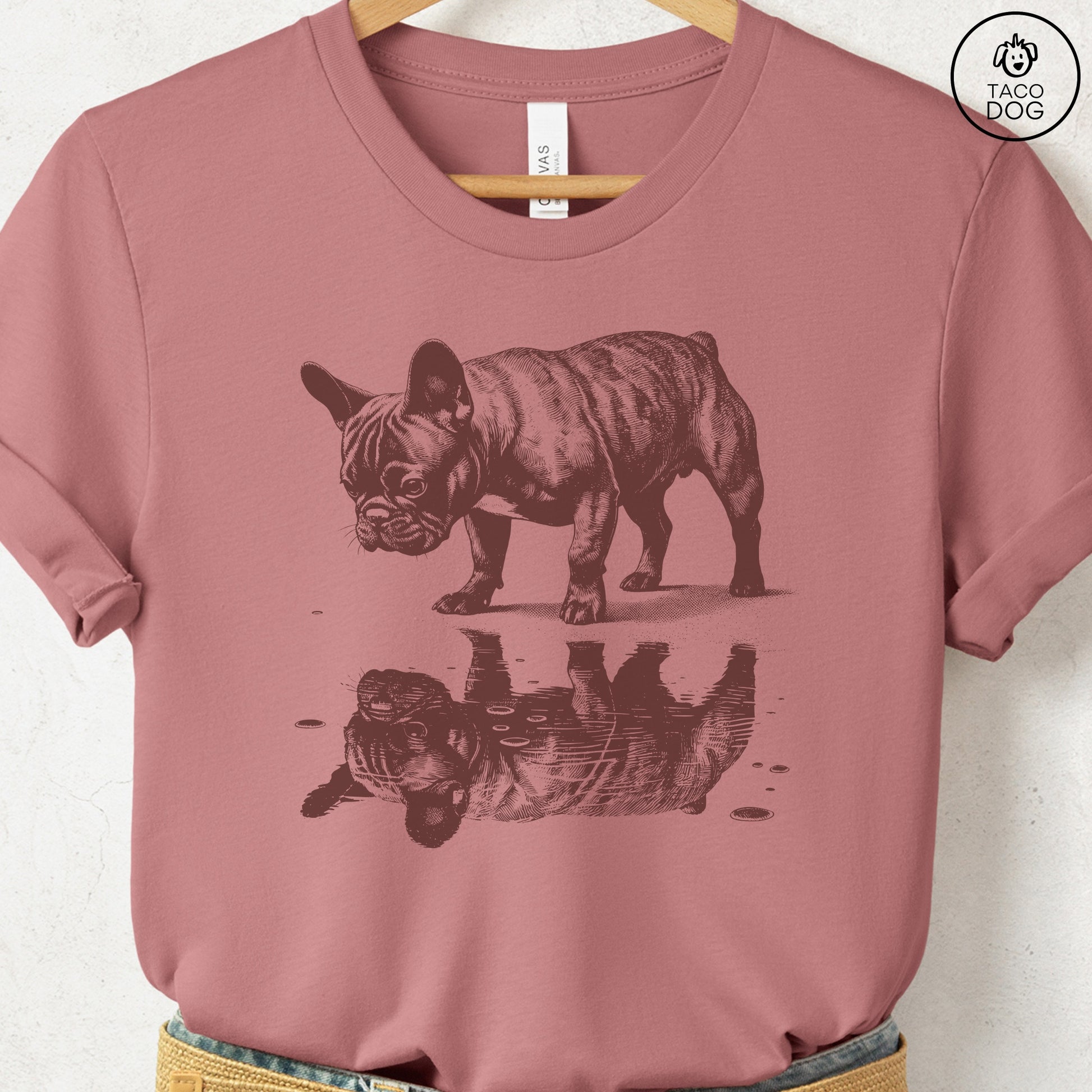 French Bulldog Frenchie Puddle Reflection T-Shirt Heather Mauve Taco-Dog
