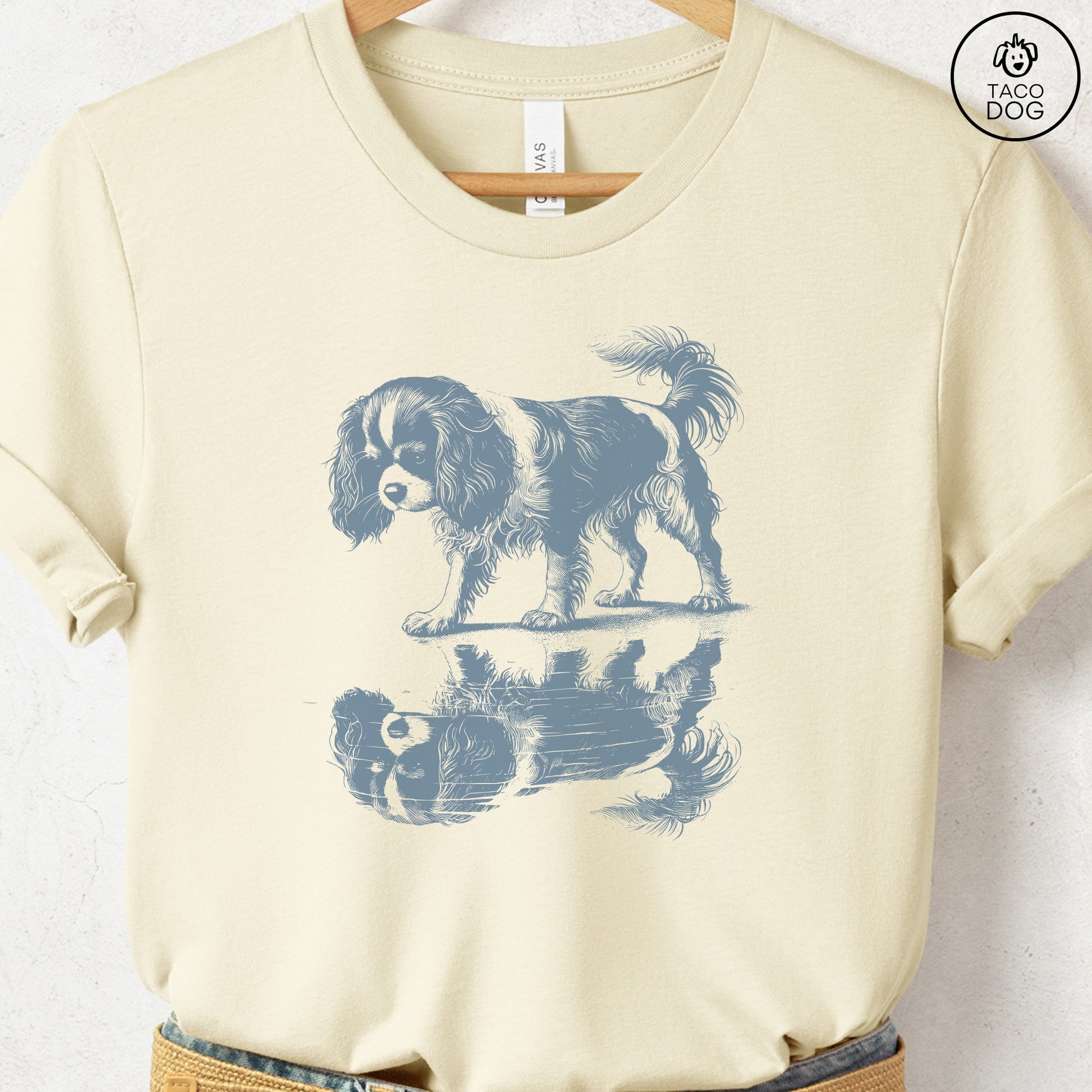 Cavalier King Charles Spaniel Puddle Reflection T-Shirt Natural Taco-Dog