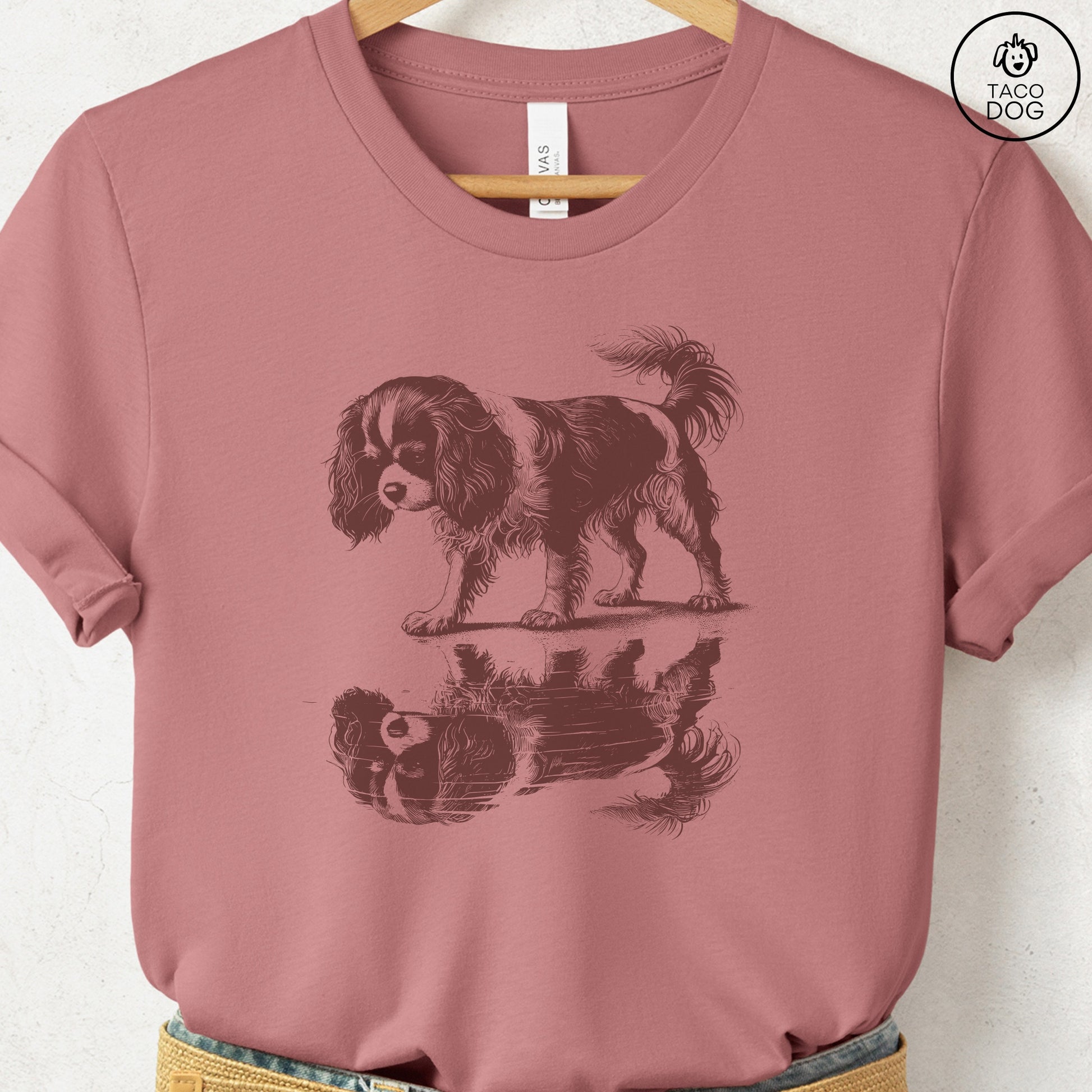 Cavalier King Charles Spaniel Puddle Reflection T-Shirt Heather Mauve Taco-Dog