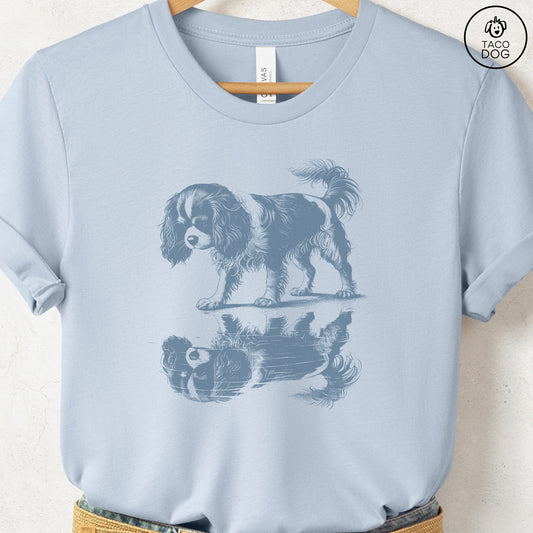 Cavalier King Charles Spaniel Puddle Reflection T-Shirt Light Blue Taco-Dog