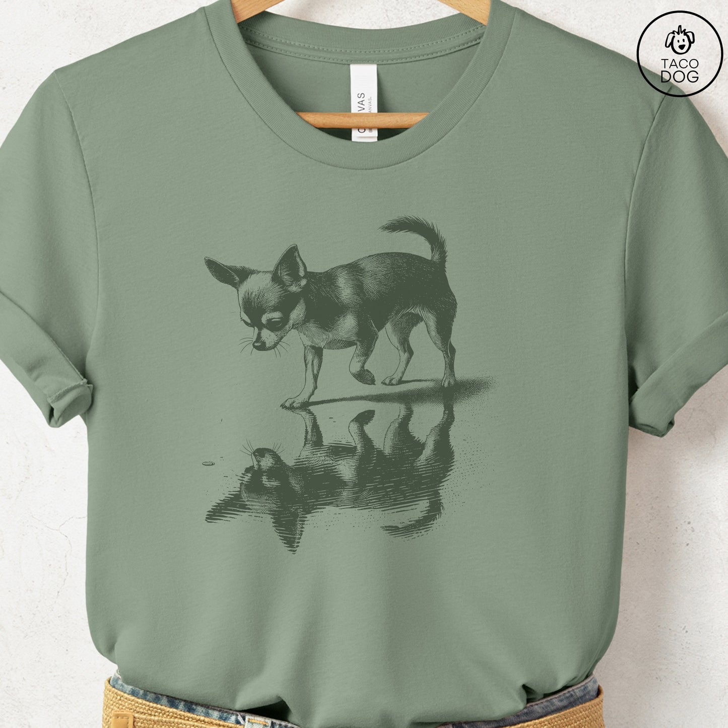 Chihuahua Puddle Reflection T-Shirt Sage Taco-Dog