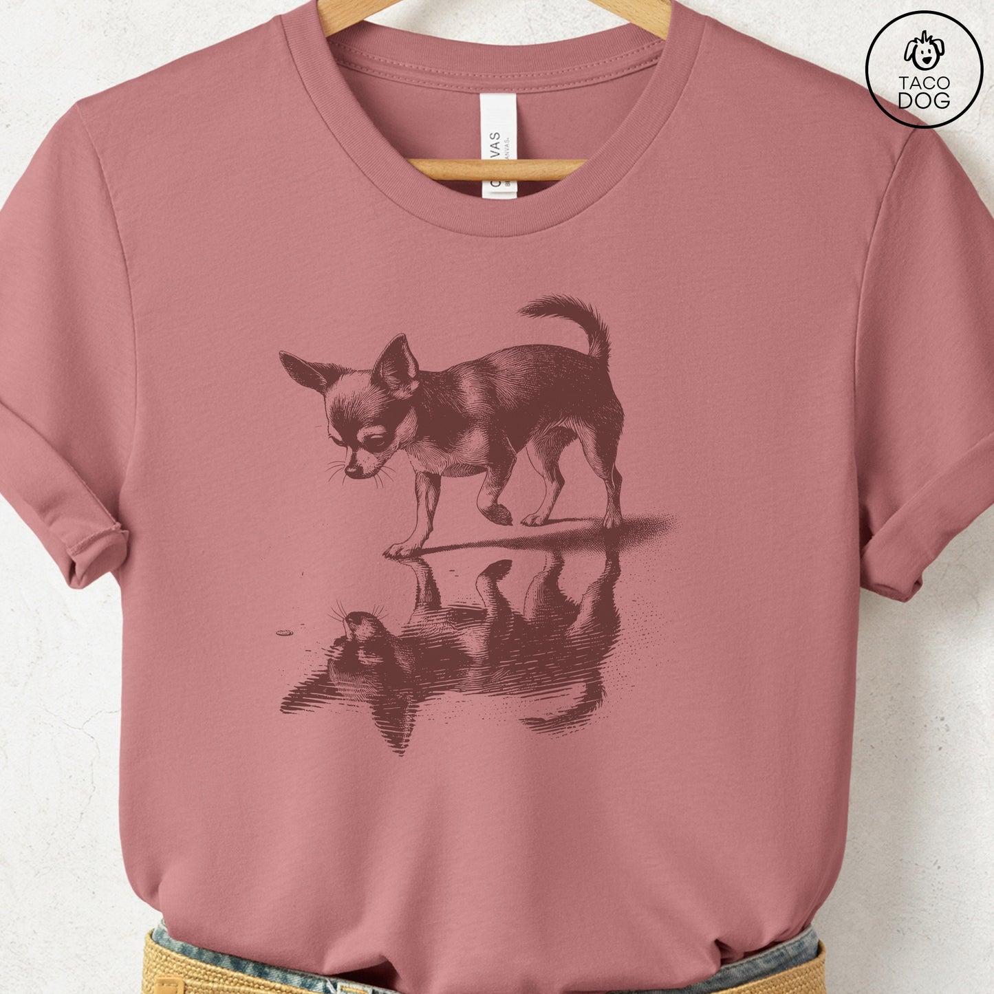 Chihuahua Puddle Reflection T-Shirt Heather Mauve Taco-Dog