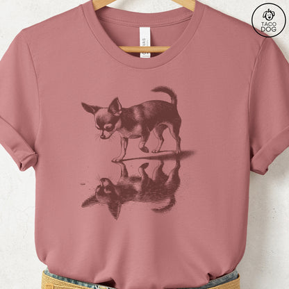 Chihuahua Puddle Reflection T-Shirt Heather Mauve Taco-Dog