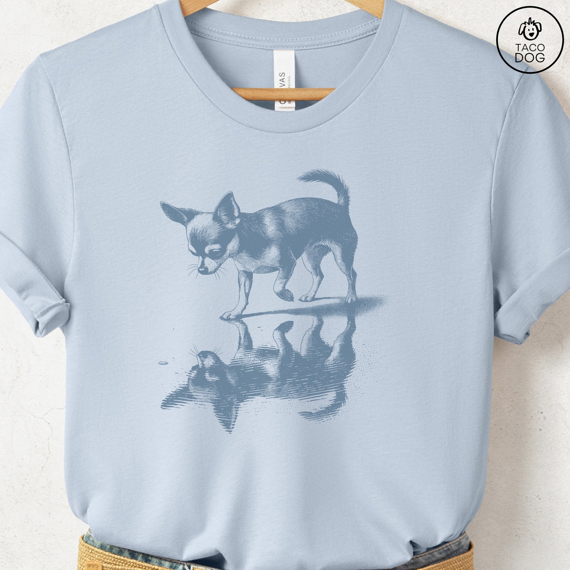 Chihuahua Puddle Reflection T-Shirt Light Blue Taco-Dog