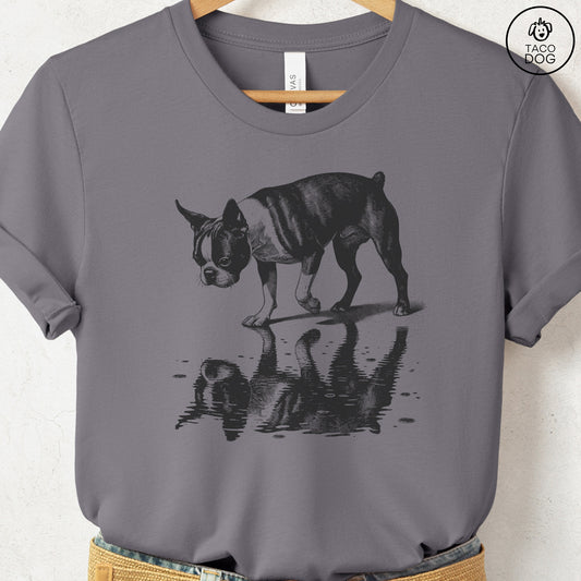 Boston Terrier Puddle Reflection T-Shirt Storm Taco-Dog