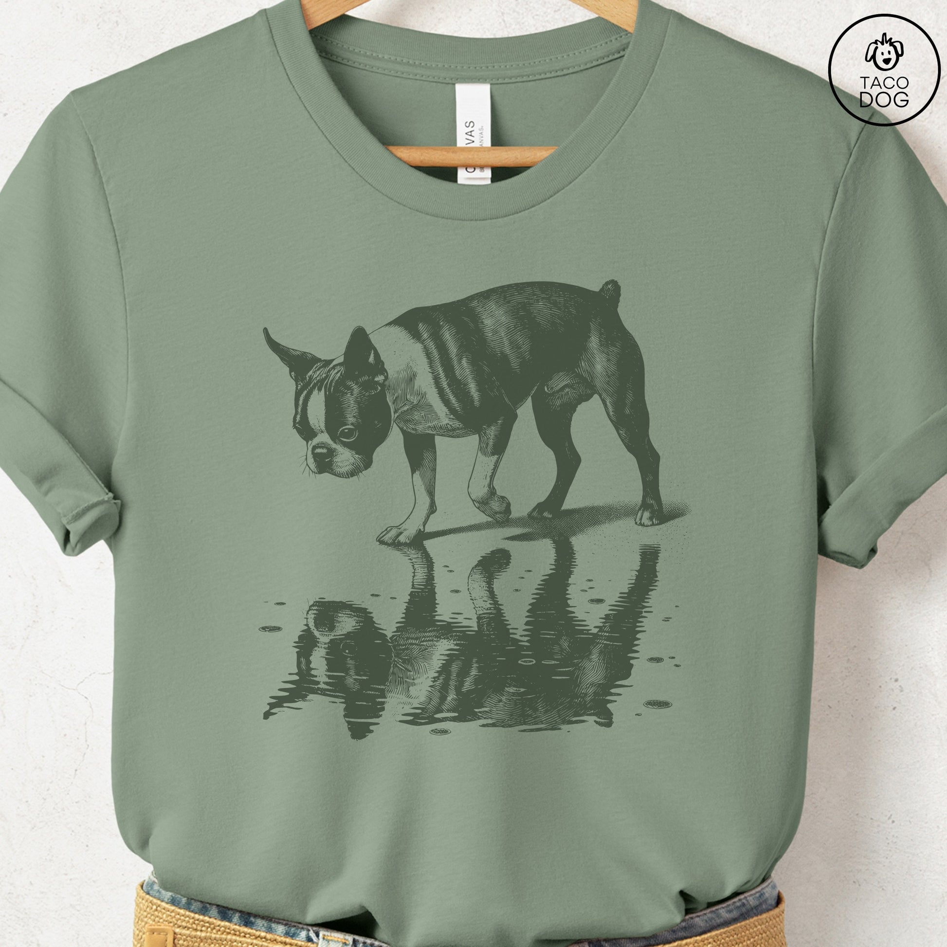 Boston Terrier Puddle Reflection T-Shirt Sage Taco-Dog
