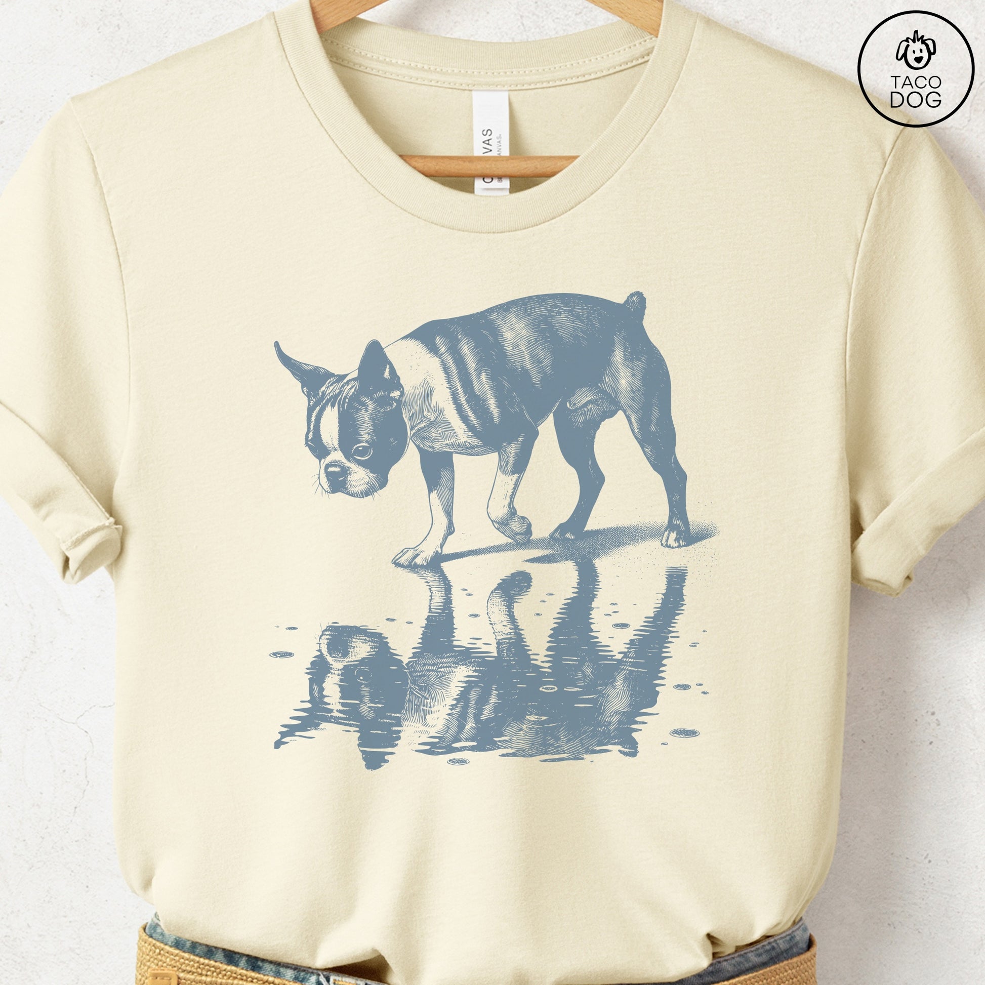 Boston Terrier Puddle Reflection T-Shirt Natural Taco-Dog