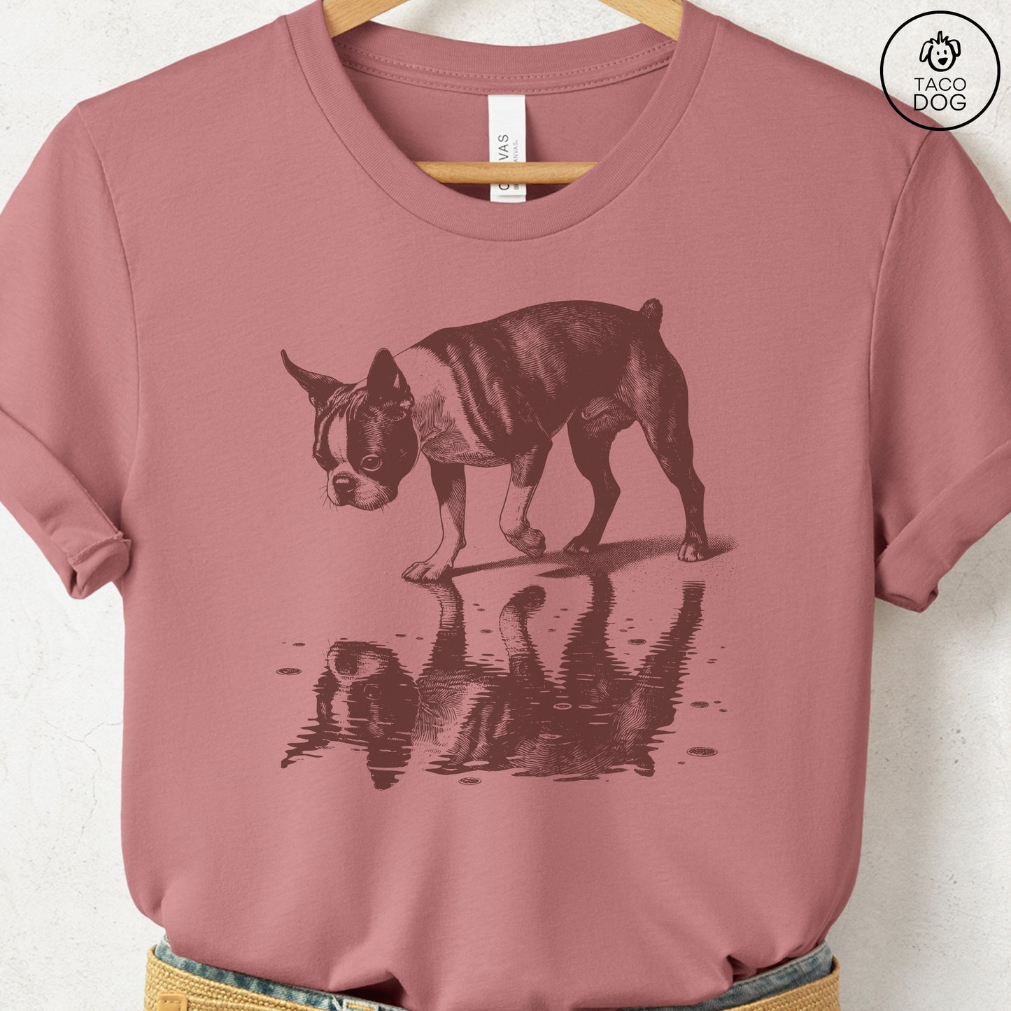 Boston Terrier Puddle Reflection T-Shirt Heather Mauve Taco-Dog