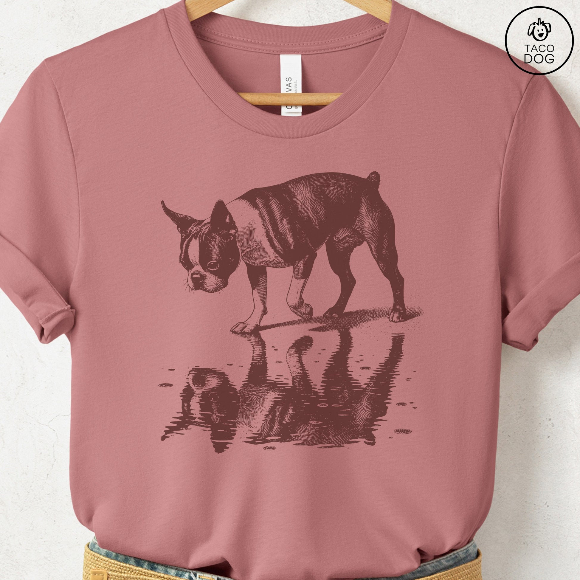 Boston Terrier Puddle Reflection T-Shirt Heather Mauve Taco-Dog