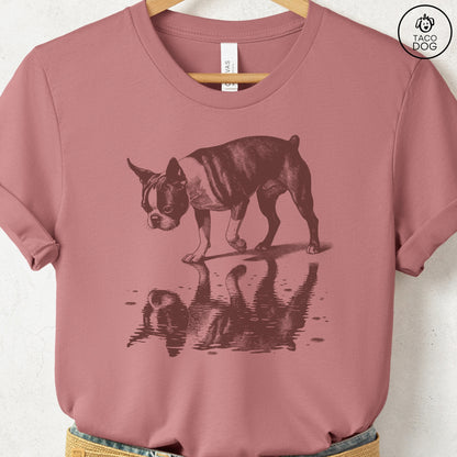 Boston Terrier Puddle Reflection T-Shirt Heather Mauve Taco-Dog