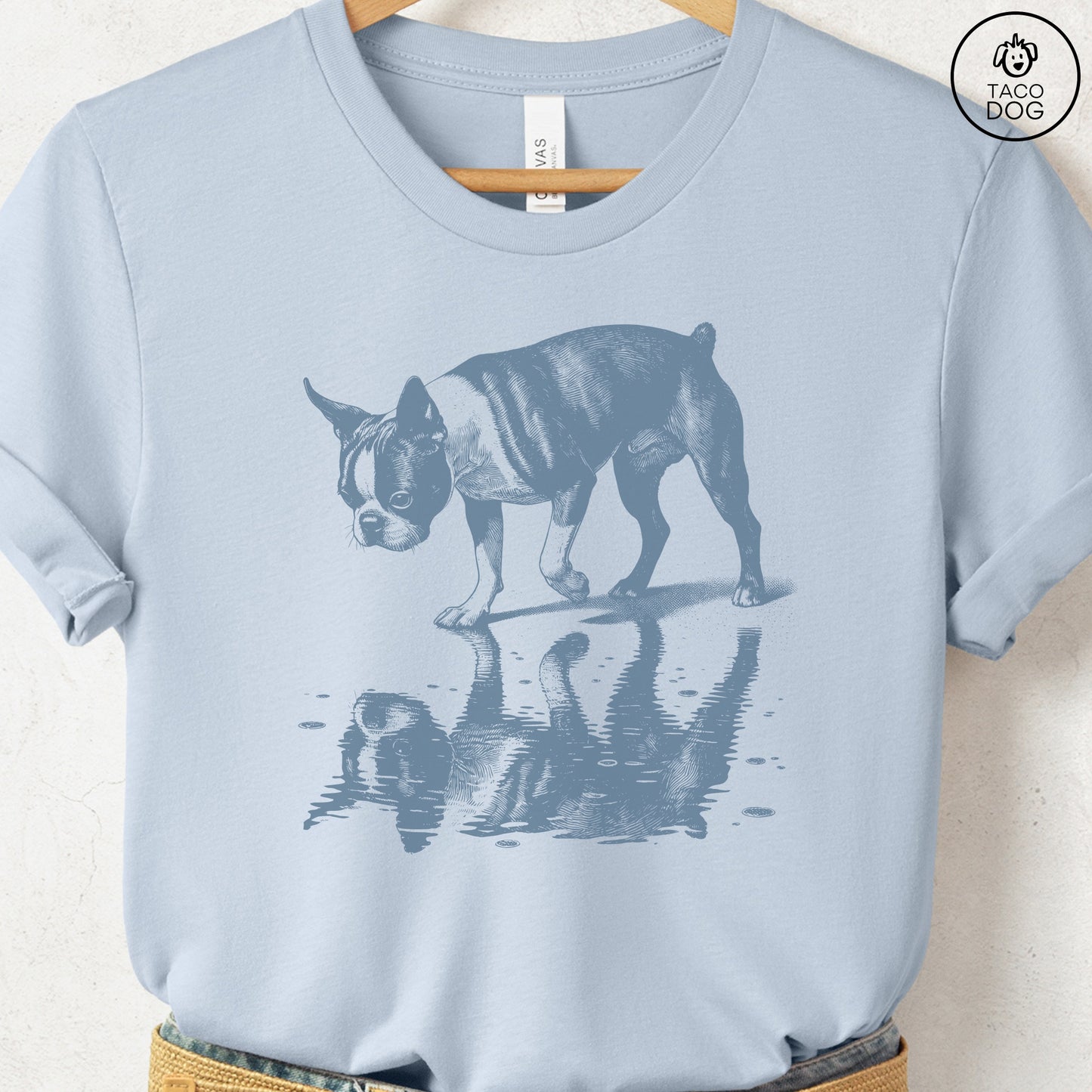 Boston Terrier Puddle Reflection T-Shirt Light Blue Taco-Dog