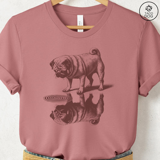 Pug Puddle Reflection T-Shirt Heather Mauve Taco-Dog