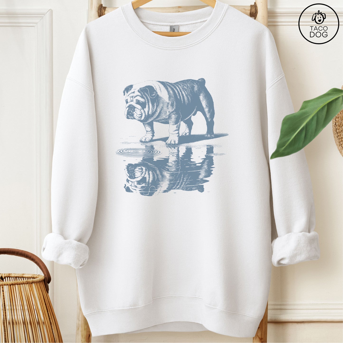English Bulldog Puddle Reflection Sweatshirt White Taco-Dog