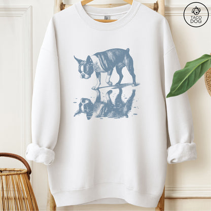Boston Terrier Puddle Reflection Sweatshirt White