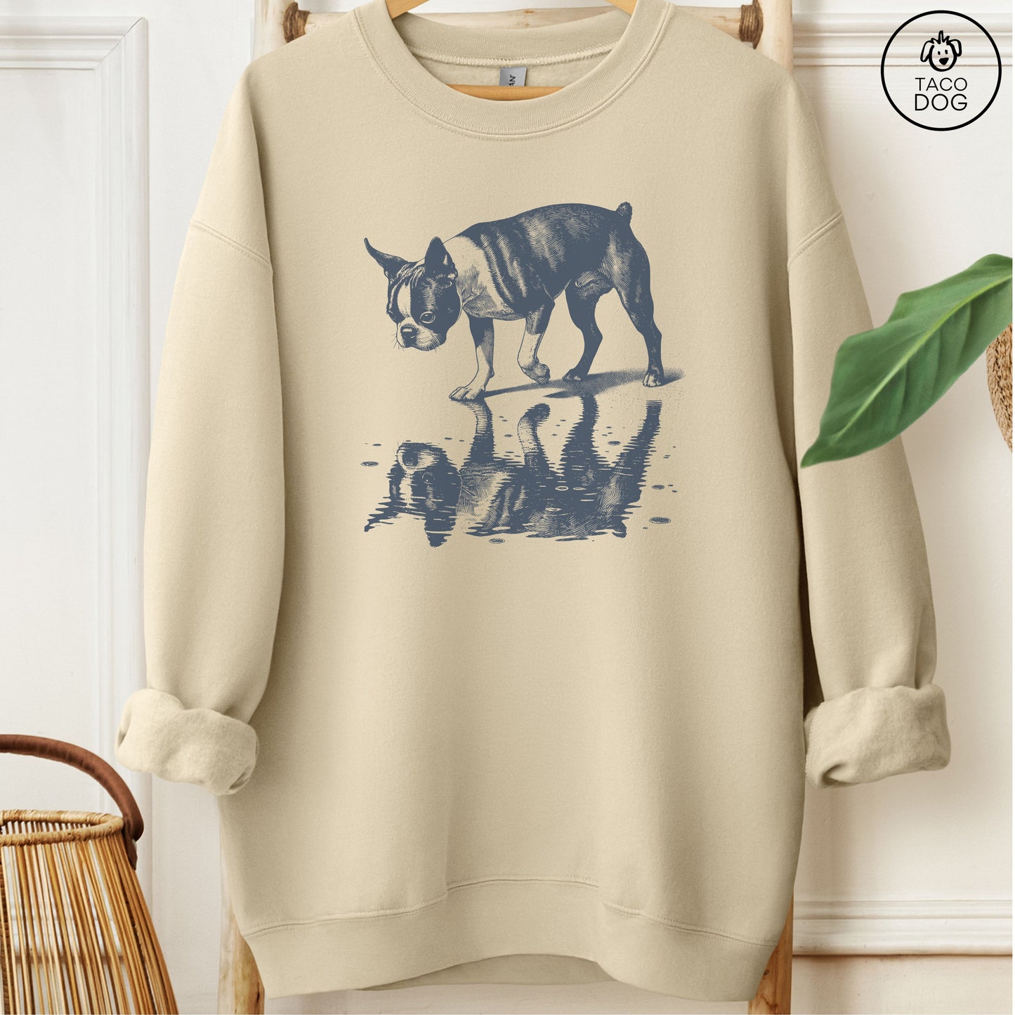 Boston Terrier Puddle Reflection Sweatshirt Sand