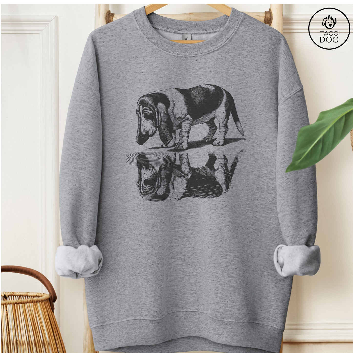 Basset Hound Puddle Reflection Sweatshirt Graphite Heather Taco-Dog