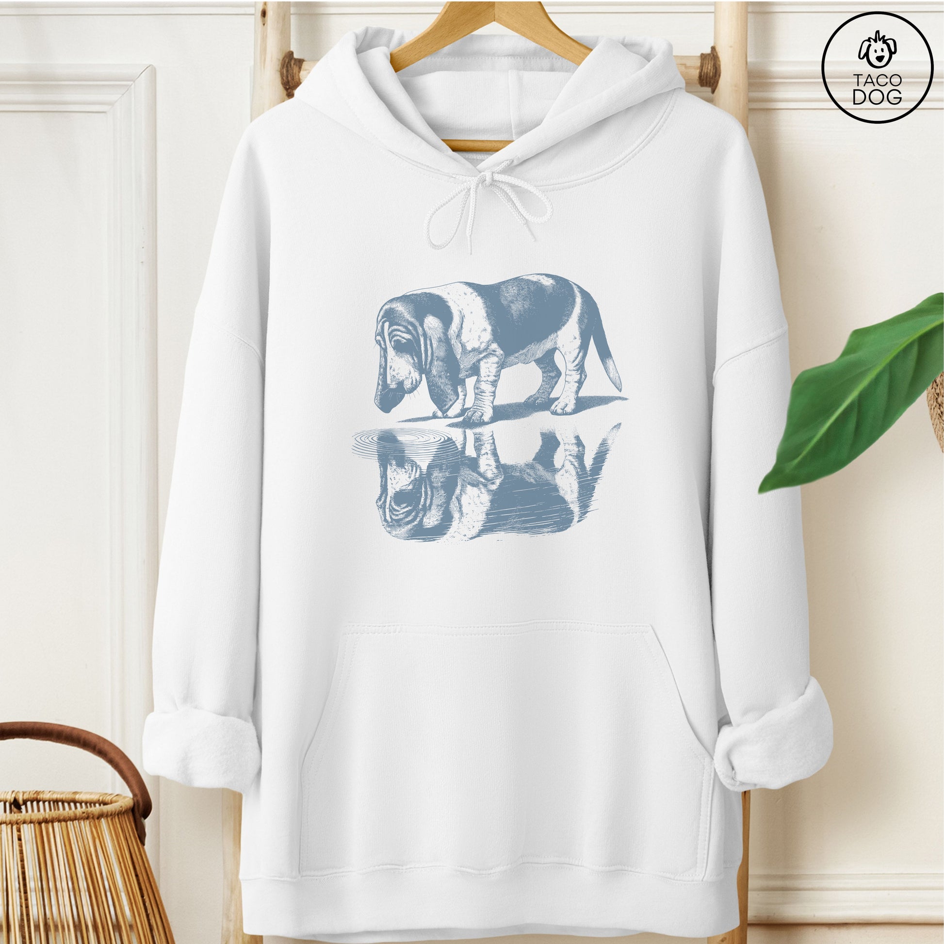 Basset Hound Puddle Reflection Hoodie White Taco-Dog