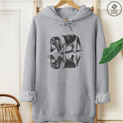 Basset Hound Puddle Reflection Hoodie Graphite Heather Taco-Dog