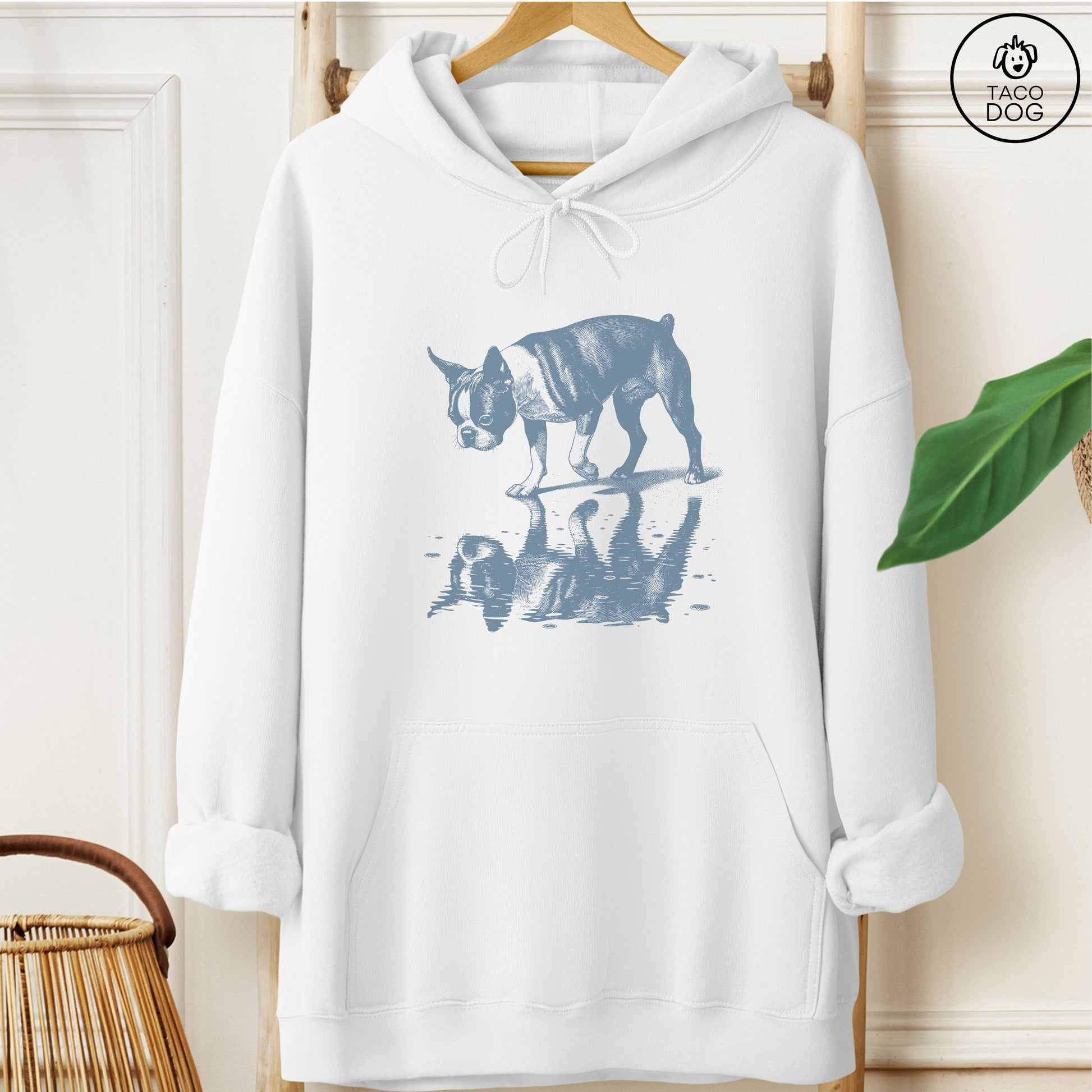 Boston Terrier Puddle Reflection Hoodie White Taco-Dog