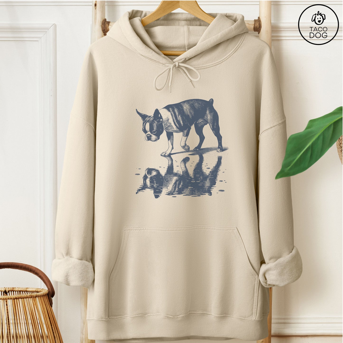 Boston Terrier Puddle Reflection Hoodie Sand Taco-Dog