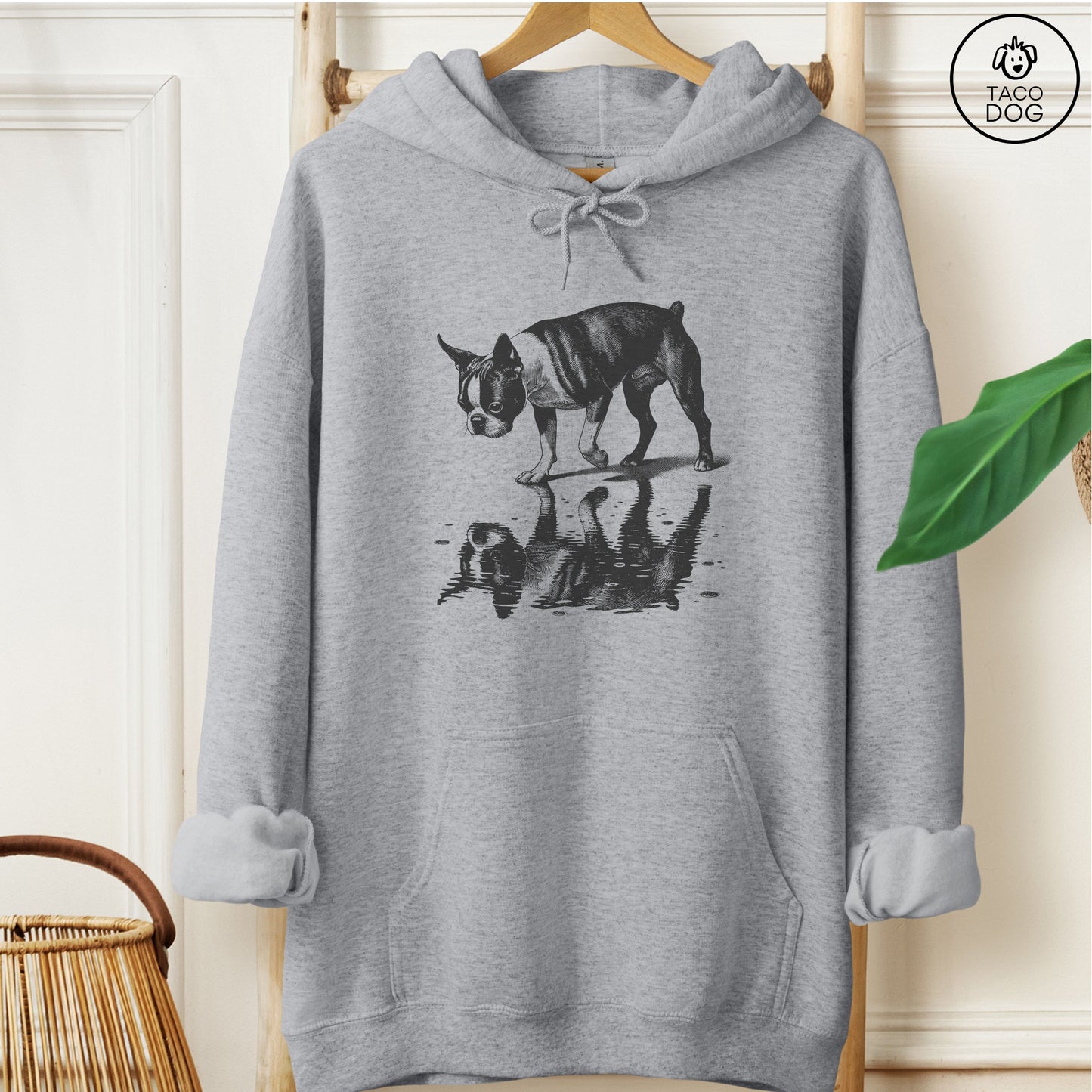 Boston Terrier Puddle Reflection Hoodie Graphite Heather Taco-Dog