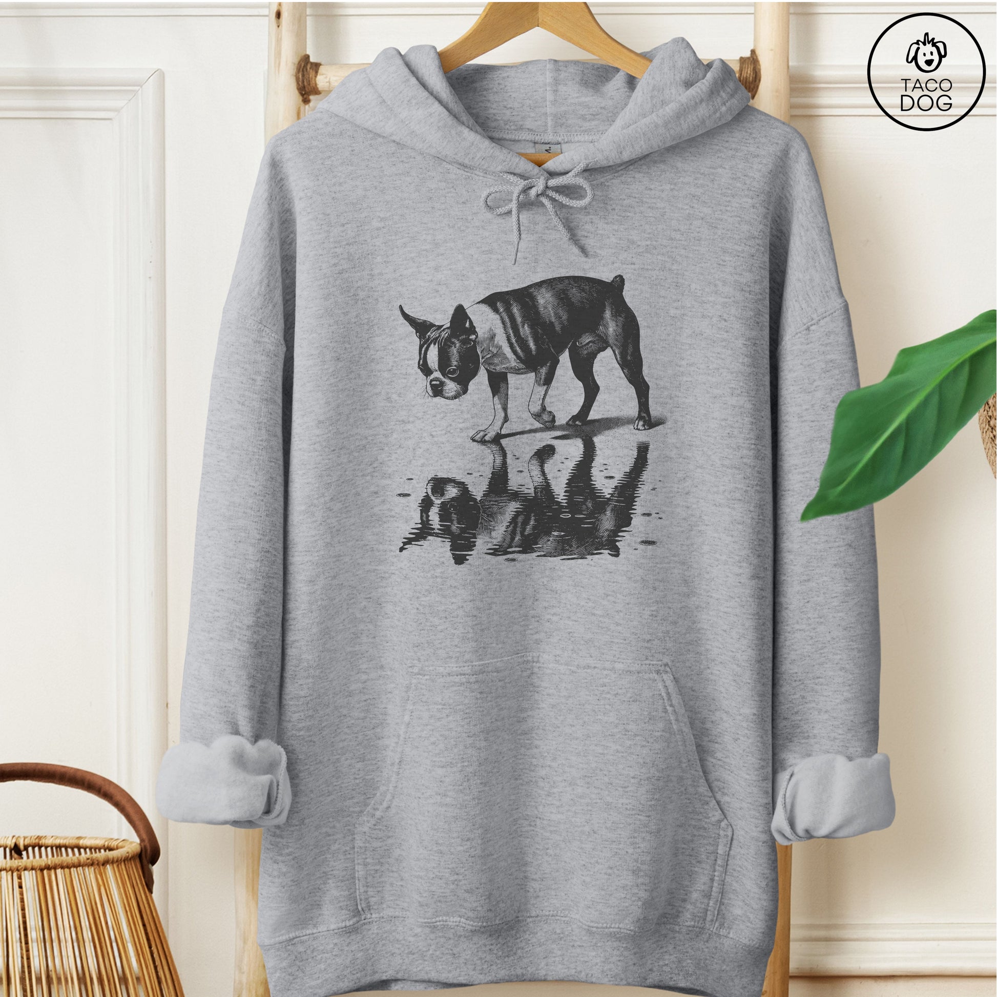 Boston Terrier Puddle Reflection Hoodie Graphite Heather Taco-Dog