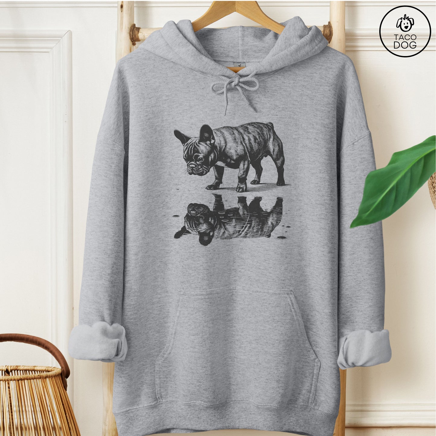 French Bulldog Frenchie Puddle Reflection Hoodie Graphite Heather Taco-Dog