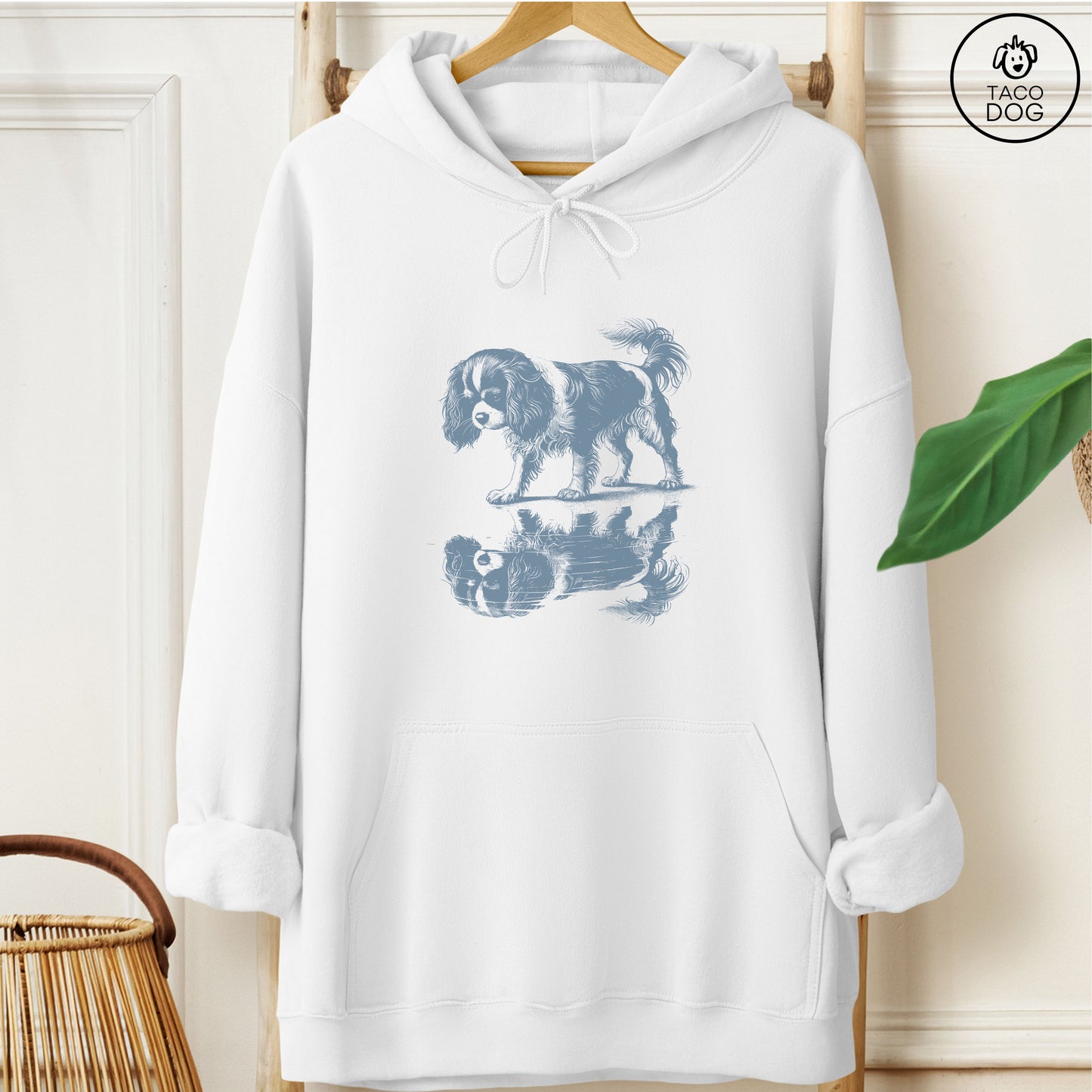 Cavalier King Charles Spaniel Puddle Reflection Hoodie White Taco-Dog