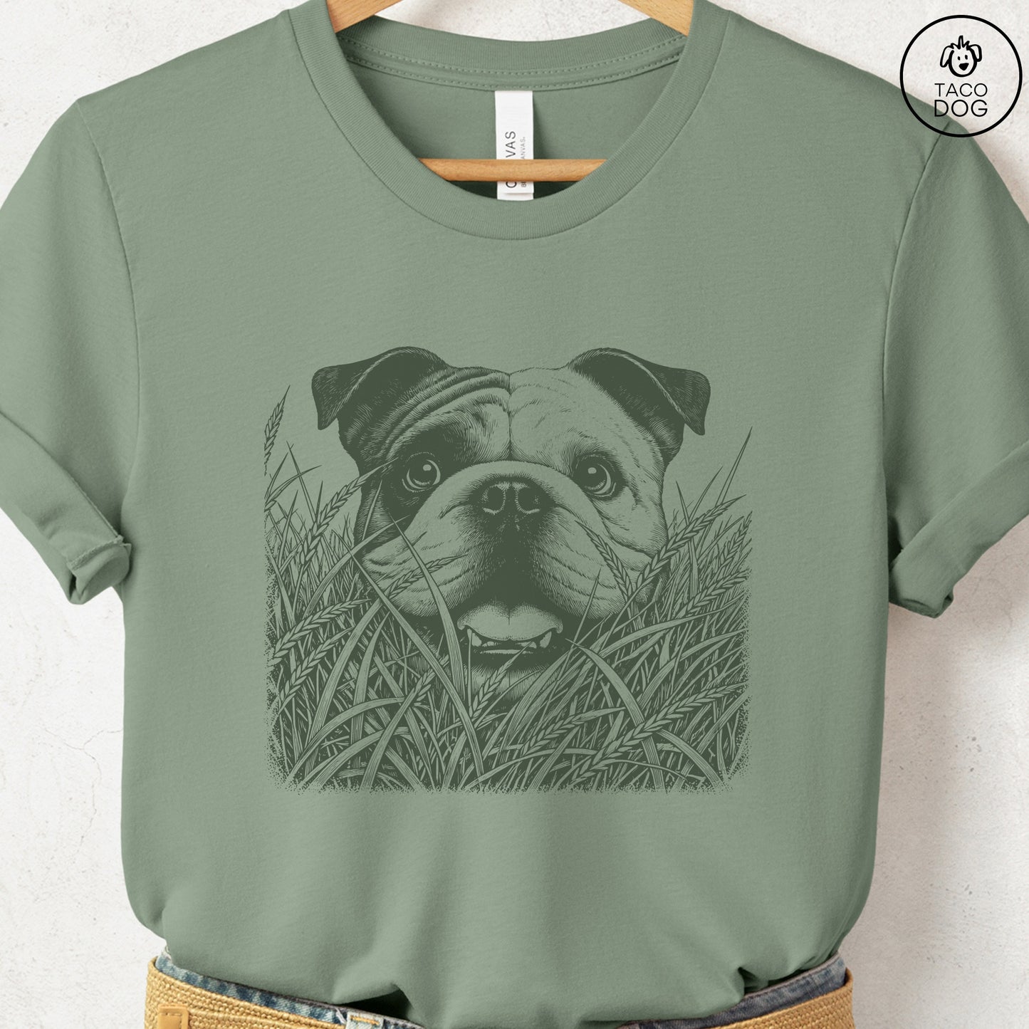 English Bulldog in the Grass T-Shirt Sage Taco-Dog