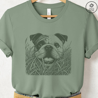 English Bulldog in the Grass T-Shirt Sage Taco-Dog