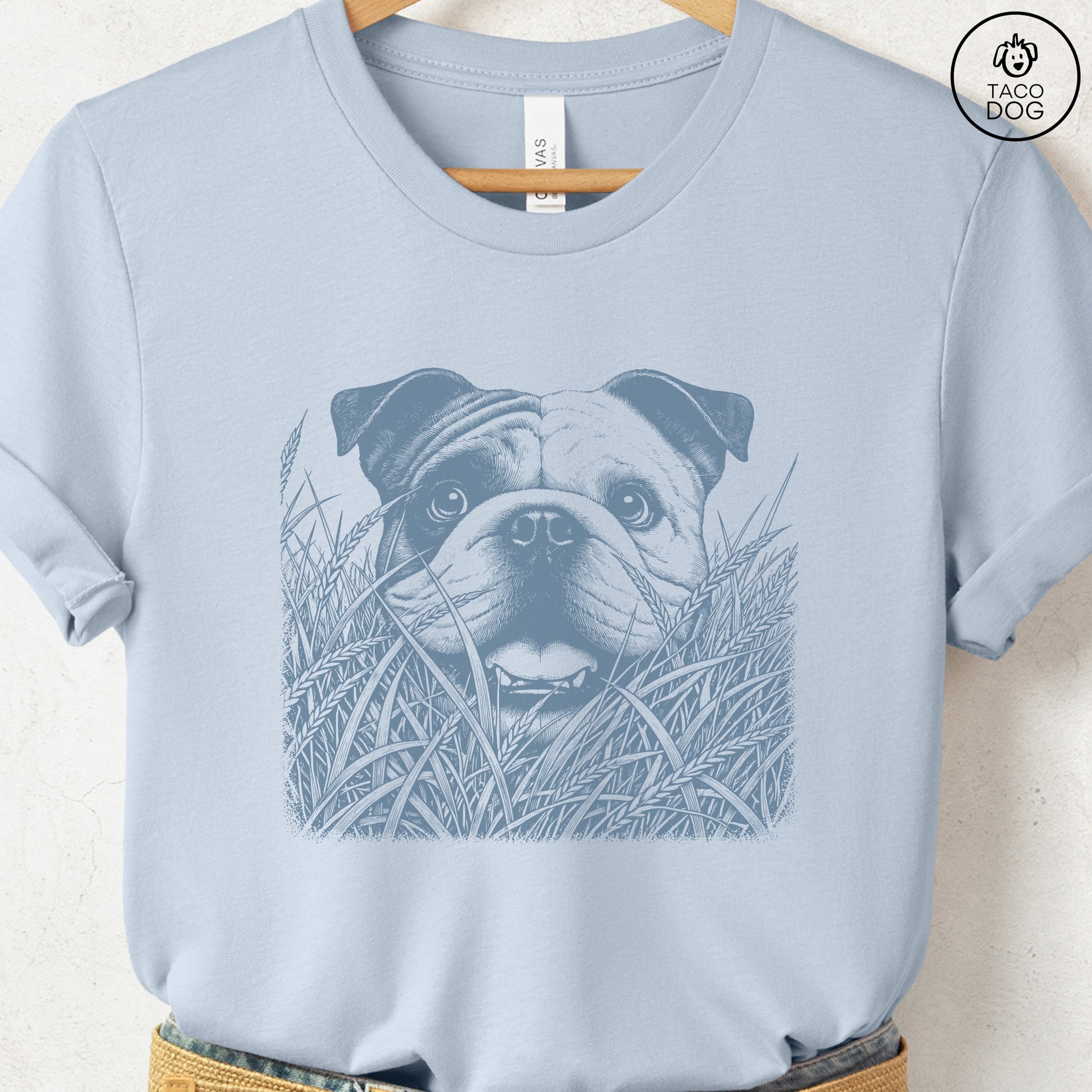 English Bulldog in the Grass T-Shirt Light Blue Taco-Dog
