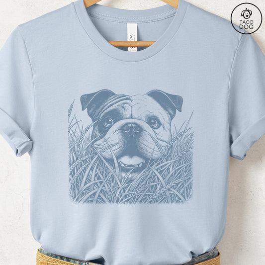 English Bulldog in the Grass T-Shirt Light Blue Taco-Dog