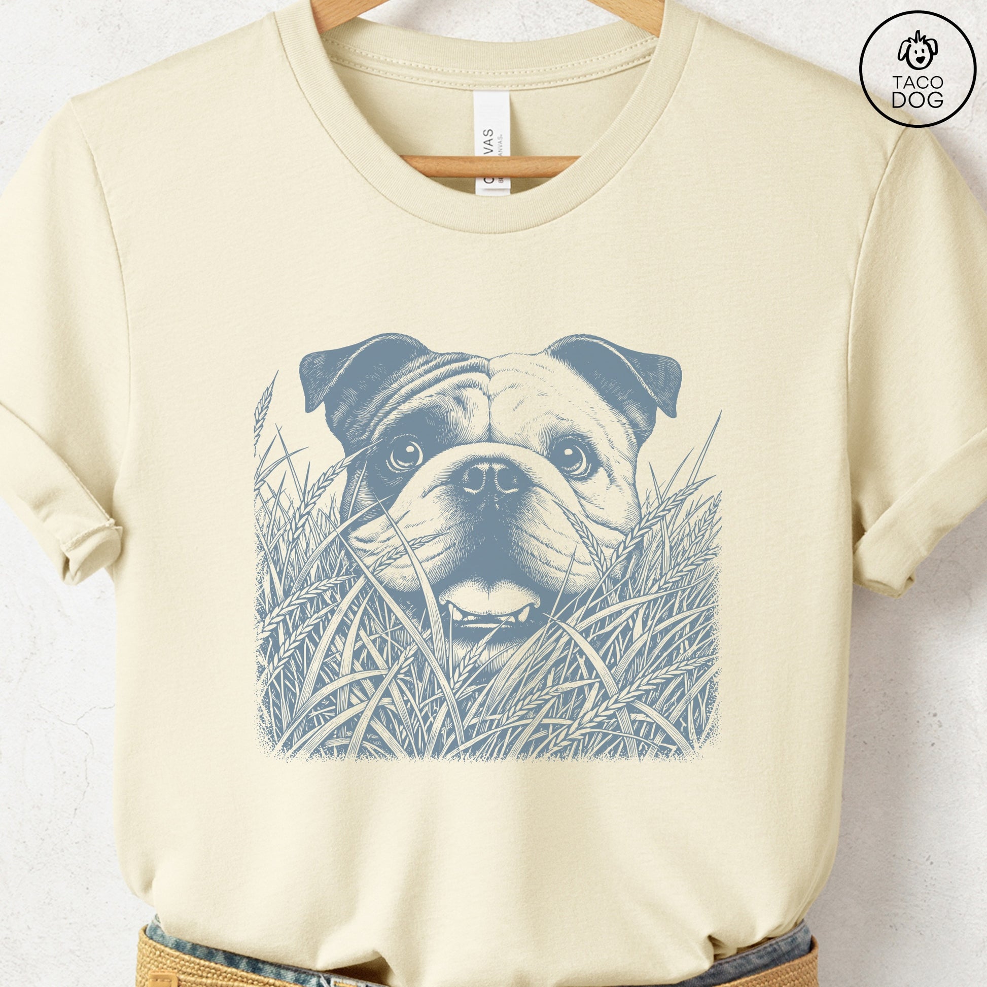 English Bulldog in the Grass T-Shirt Natural Taco-Dog