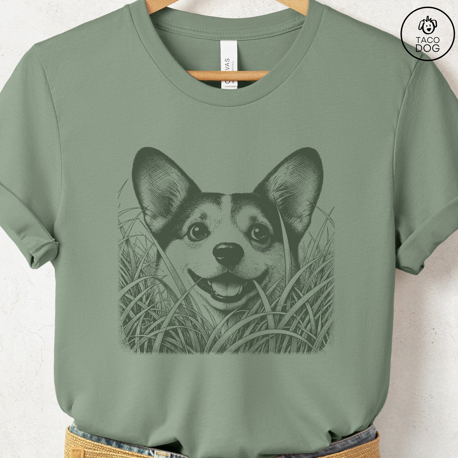 Corgi in the Grass T-Shirt Sage