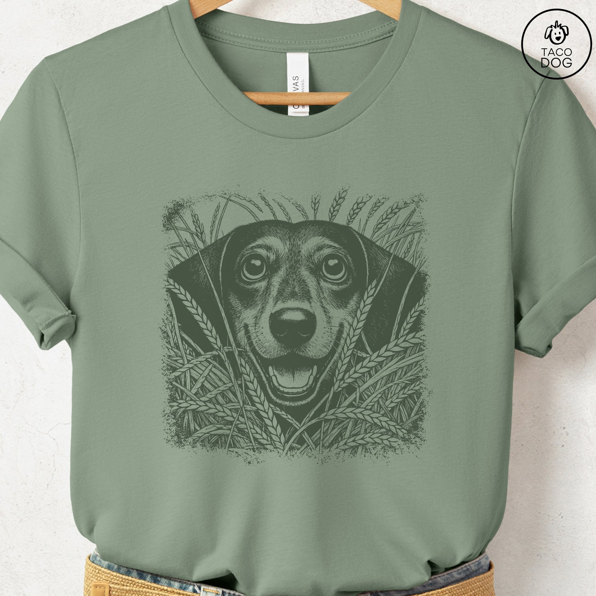 Dachshund Weenie in the Grass T-Shirt Sage Taco-Dog