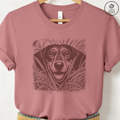 Dachshund Weenie in the Grass T-Shirt Heather Mauve Taco-Dog