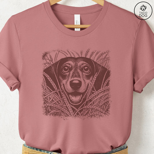 Dachshund Weenie in the Grass T-Shirt Heather Mauve Taco-Dog