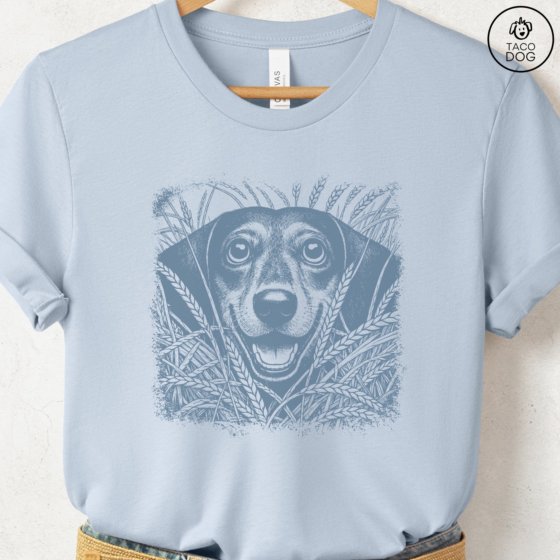 Dachshund Weenie in the Grass T-Shirt Light Blue Taco-Dog