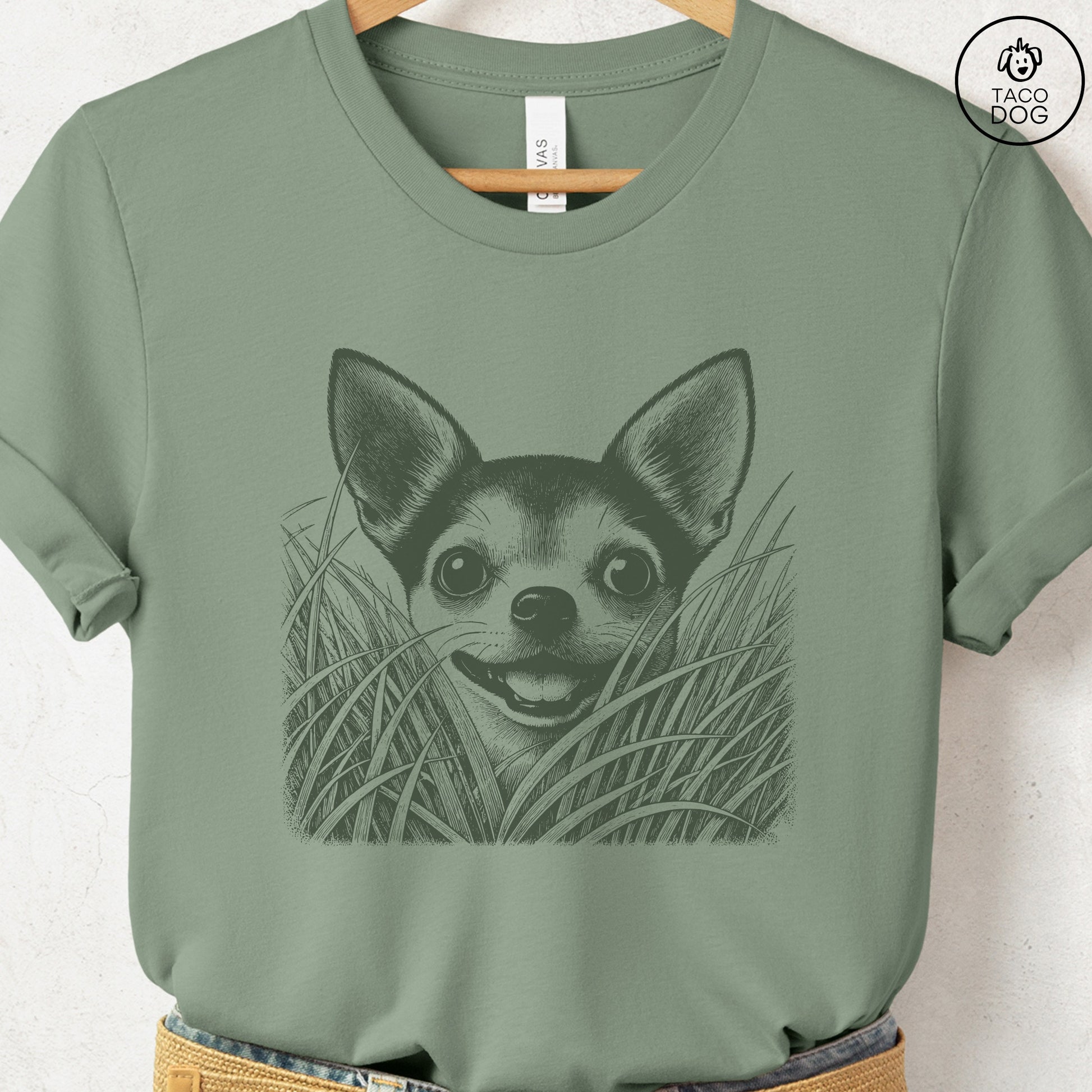 Chihuahua in the Grass T-Shirt Sage Taco-Dog